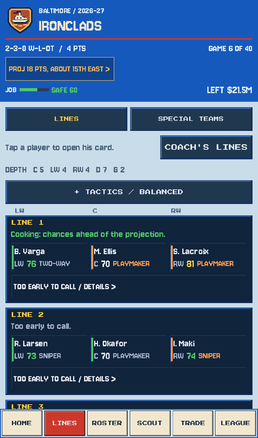 Lineup screen showing forward lines, player ratings and chemistry